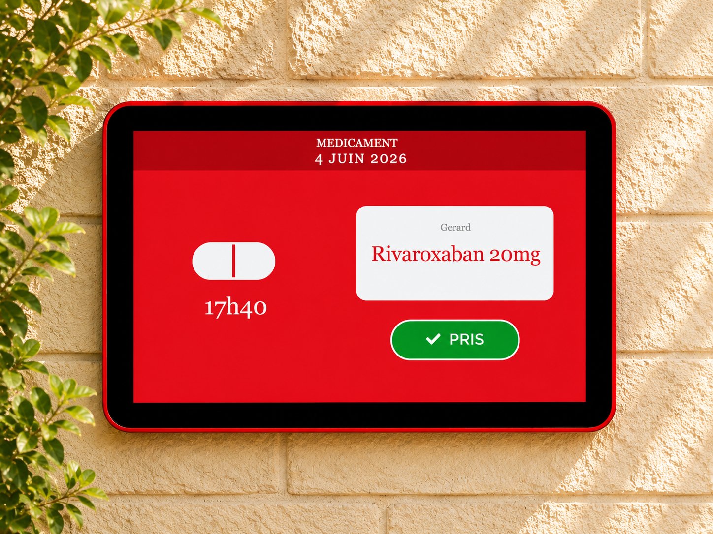 L'écran rappelle un médicament à prendre, avec bouton PRIS