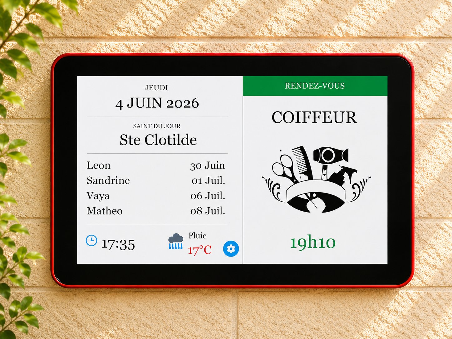 L'écran affiche un rendez-vous chez le coiffeur à 19h10